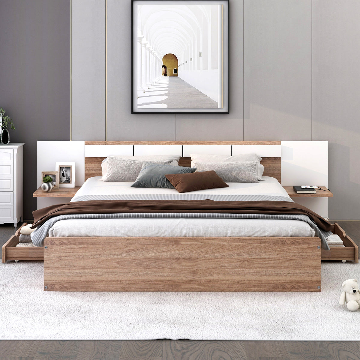 Letto Matrimoniale in Legno con Cassetti, Ripiani, Porte USB e Prese - Naturale
