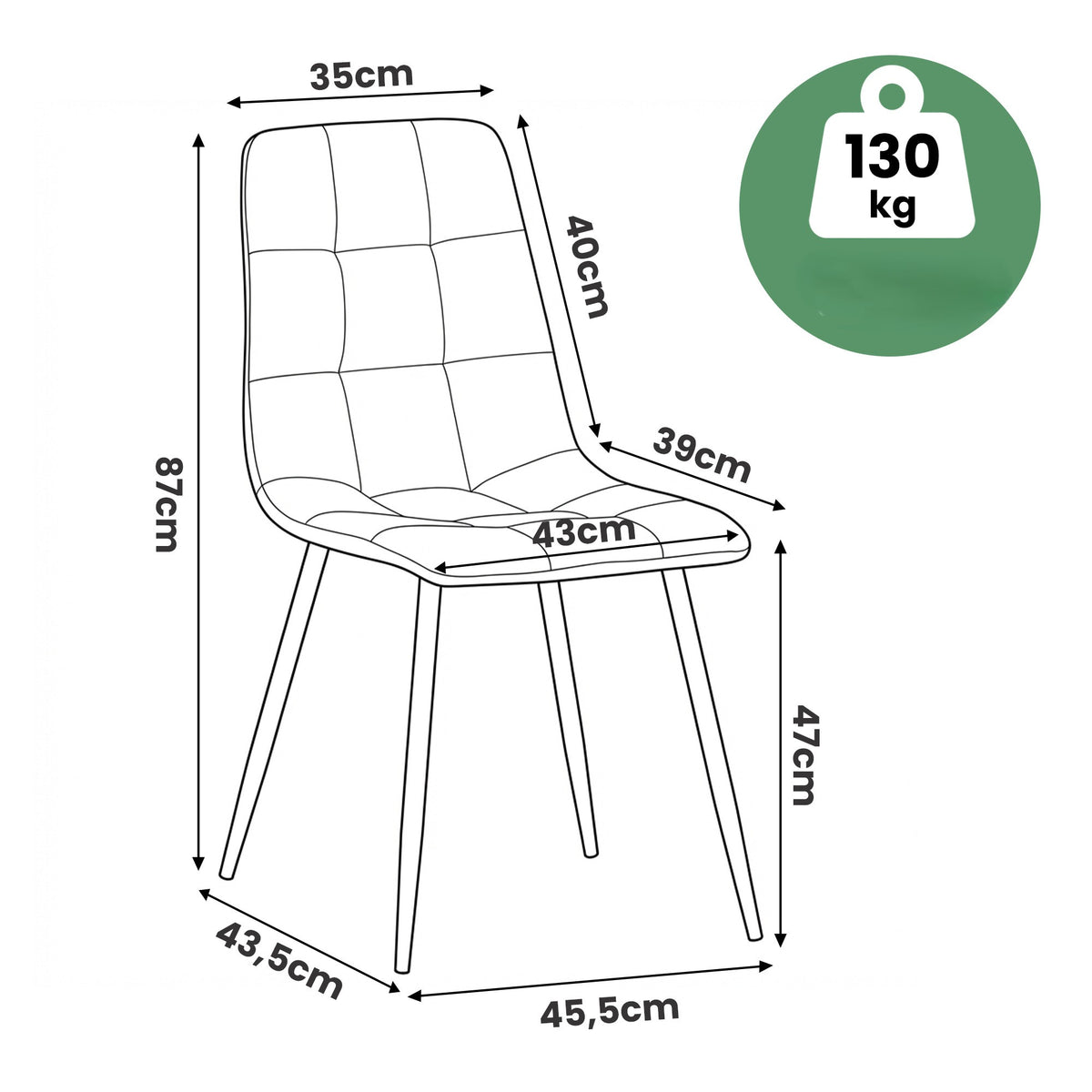 Set 2 Sedie Nero Velluto Trapuntato Gambe Nere – Grafite Scuro