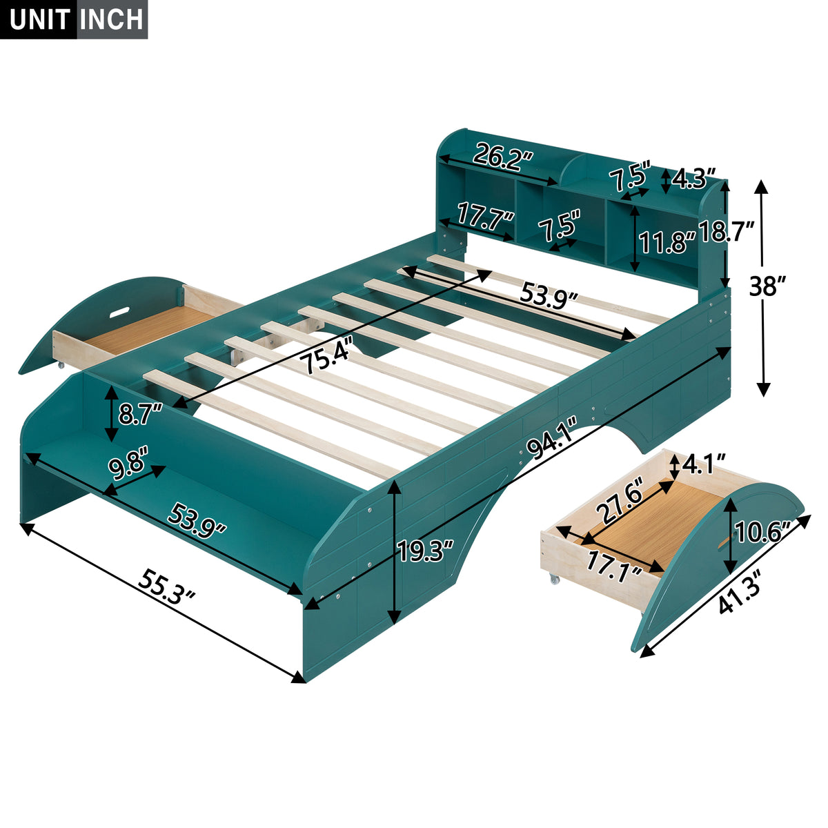 Letto Full Size in Legno con 2 Cassetti, Testiera e Pediera Contenitore - Verde Scuro