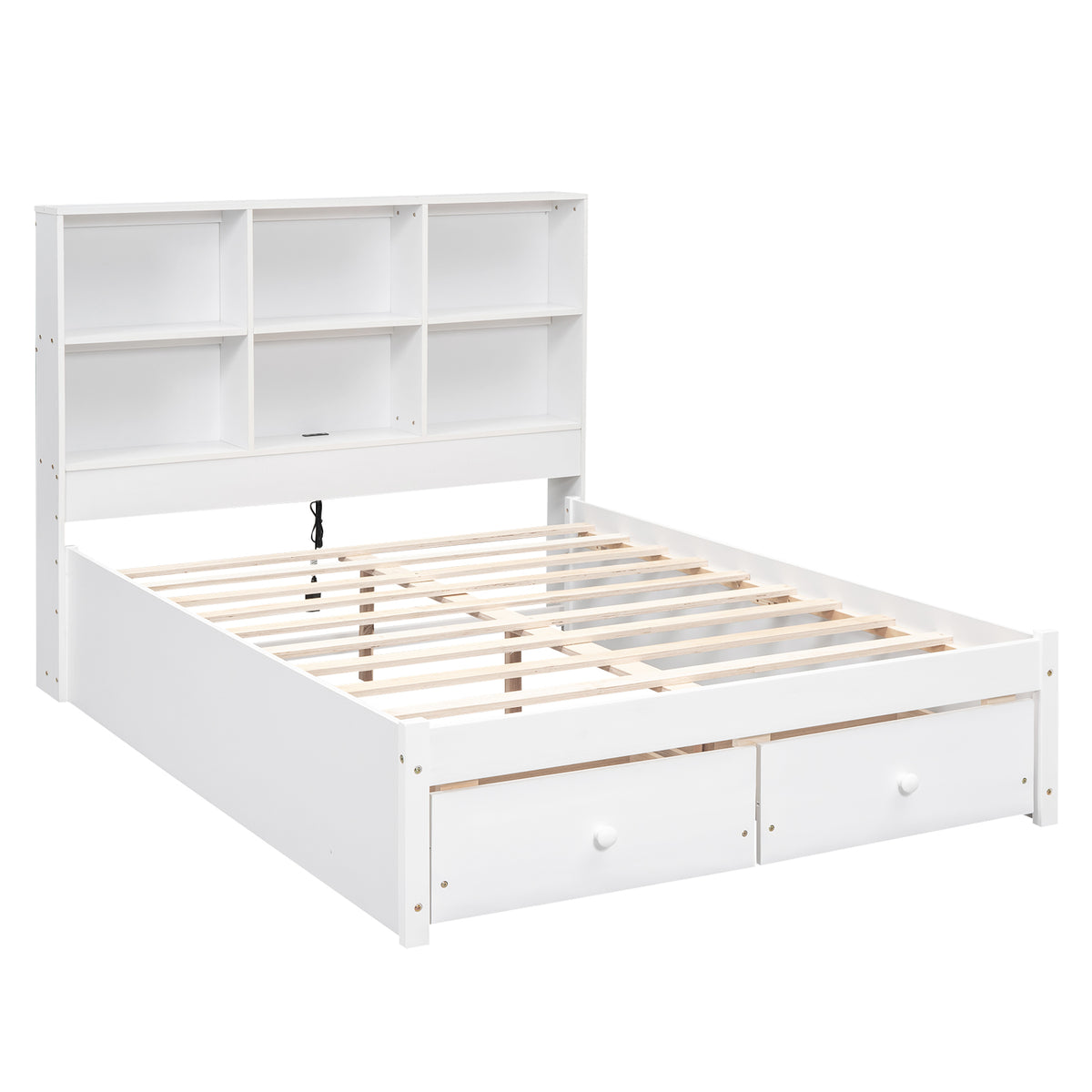 Letto Piattaforma Full con Testata, Ricarica e Cassetti — Bianco