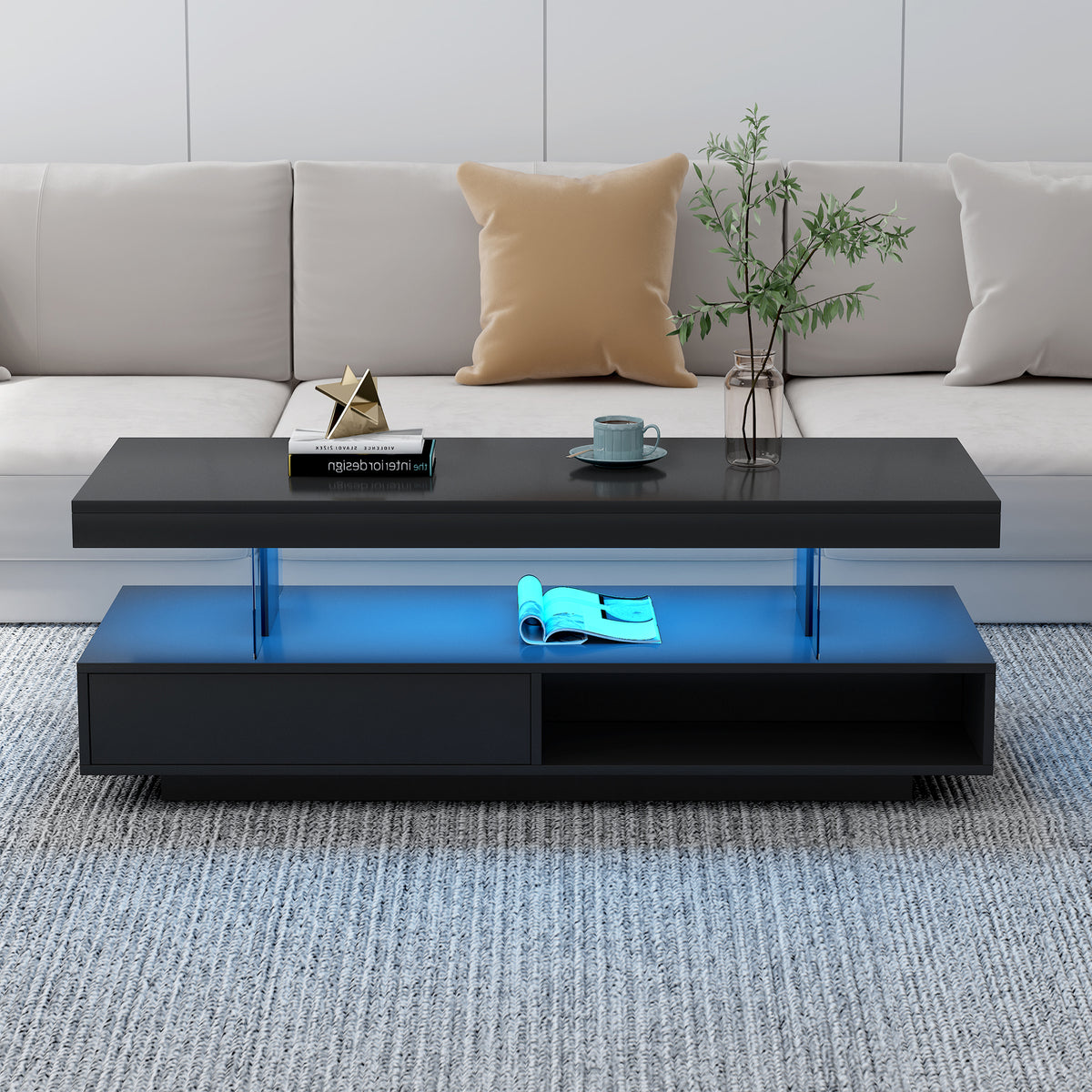 Tavolino Caffè LED Nero 2 Cassetti