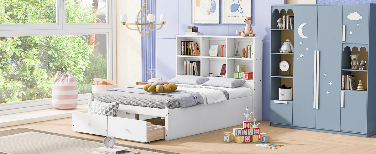 Letto Piattaforma Full con Testata, Ricarica e Cassetti — Bianco