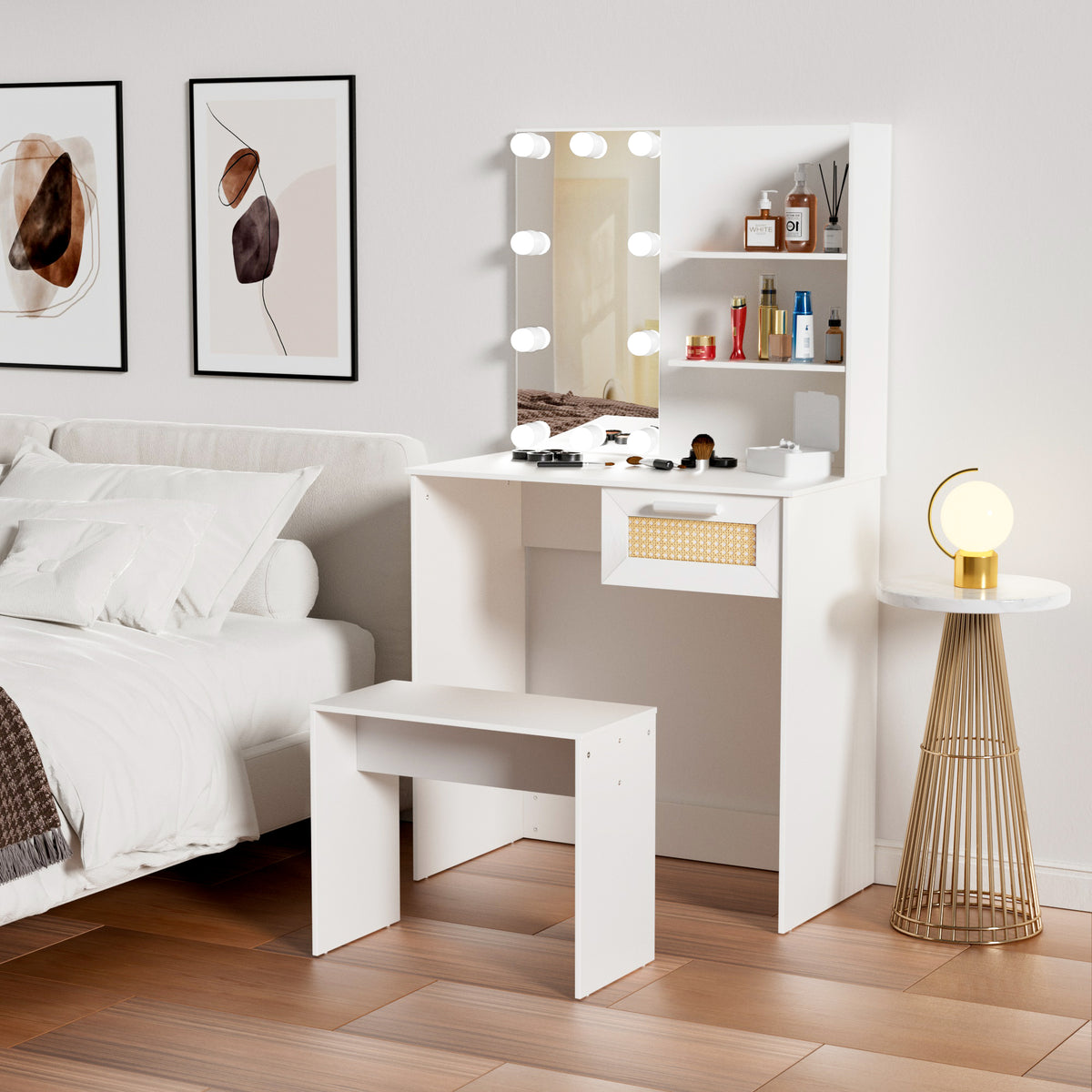 Toeletta Bianca con LED e Cassetti Legno