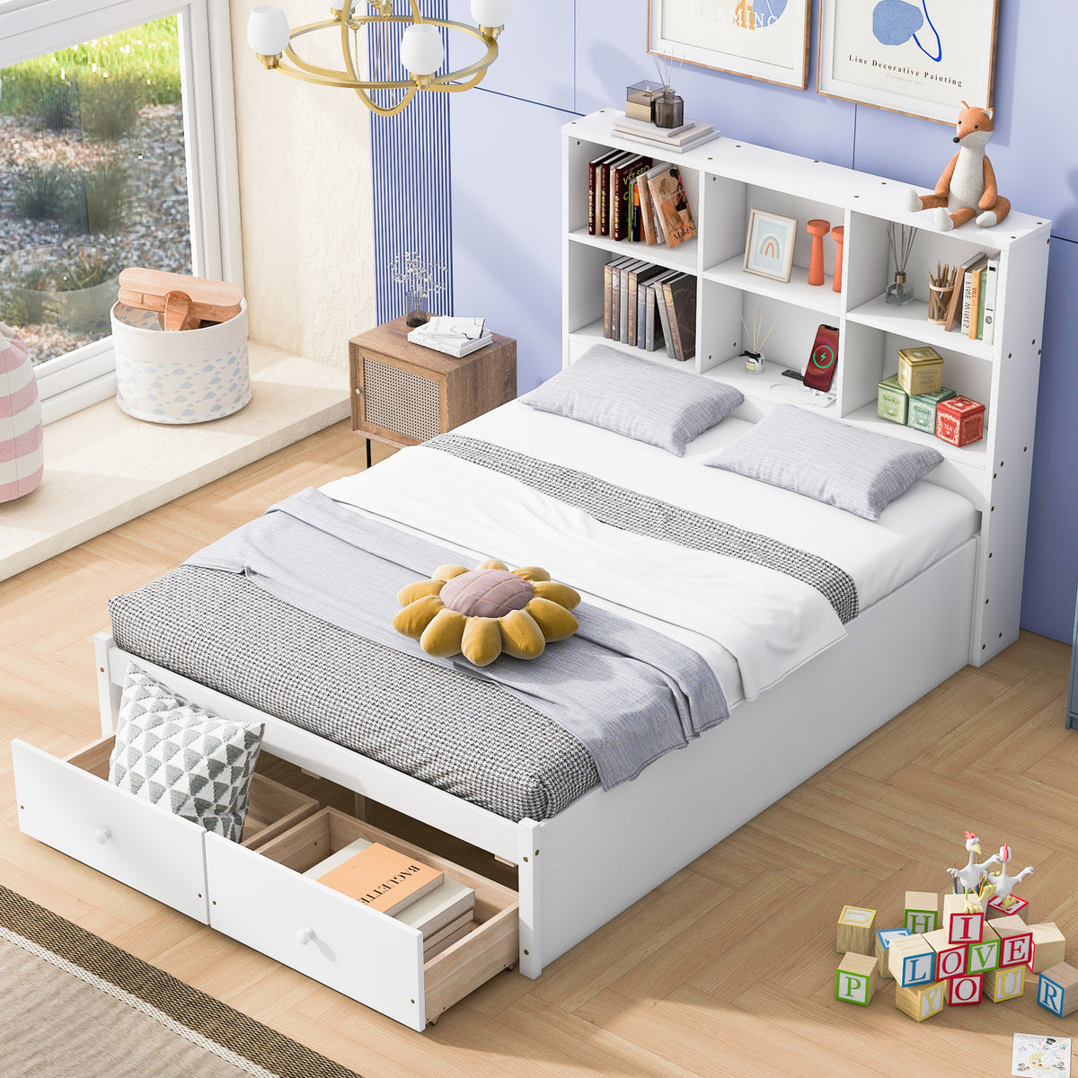 Letto Piattaforma Full con Testata, Ricarica e Cassetti — Bianco