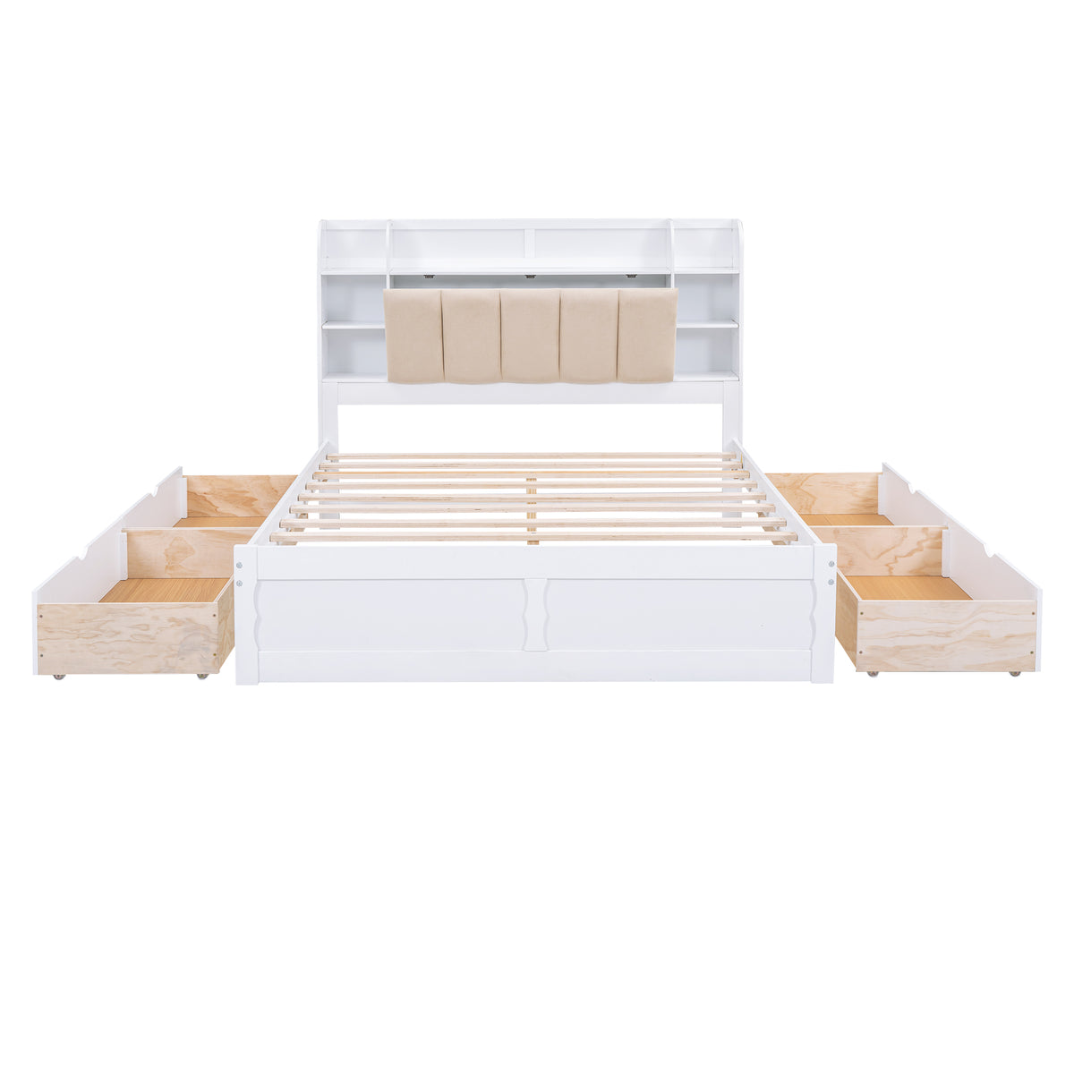 Letto Matrimoniale in Legno con Testiera Contenitore, Ripiani e 4 Cassetti - Bianco