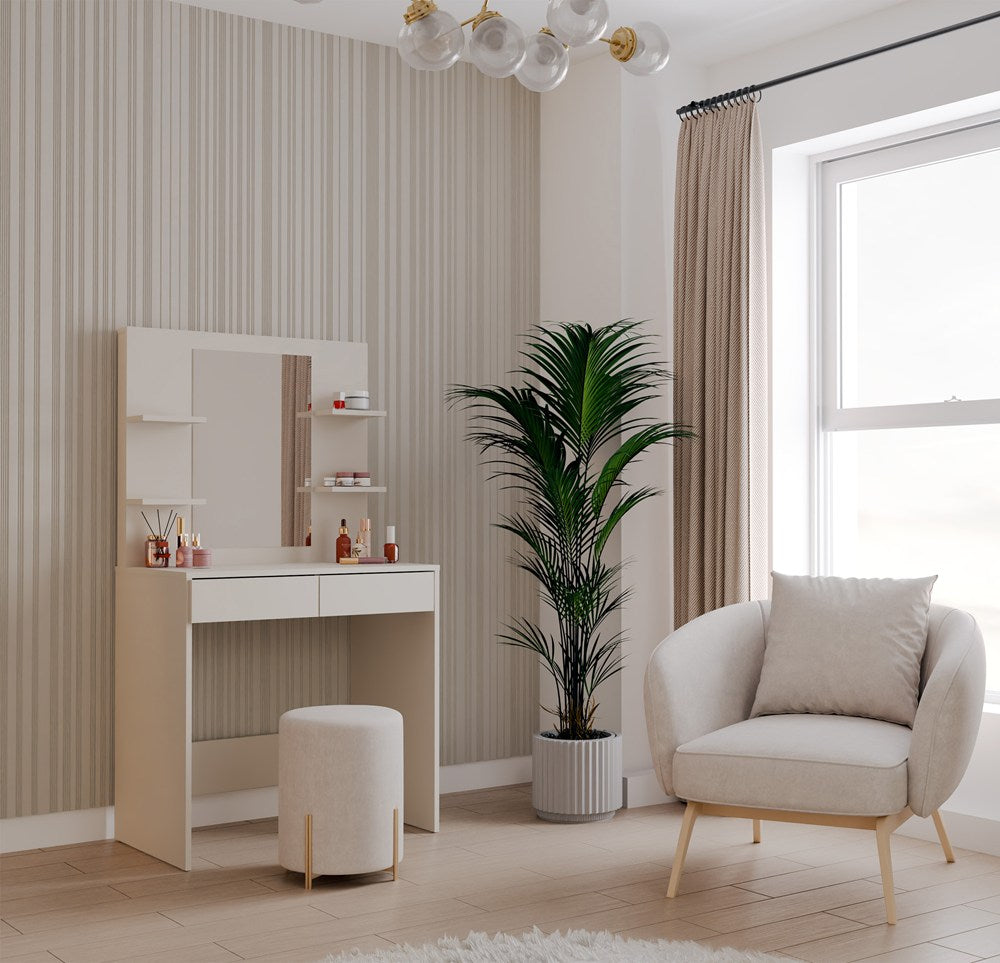 Toeletta Sera 81 cm con Specchio e 4 Ripiani – Beige