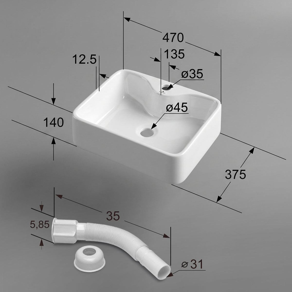 Lavabo d'Appoggio Rettangolare Ceramica 47 cm – Bianco