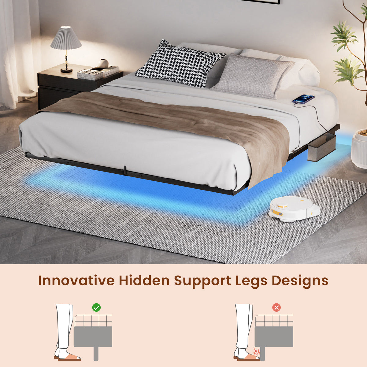 Letto King Size Sospeso LED e Ricarica