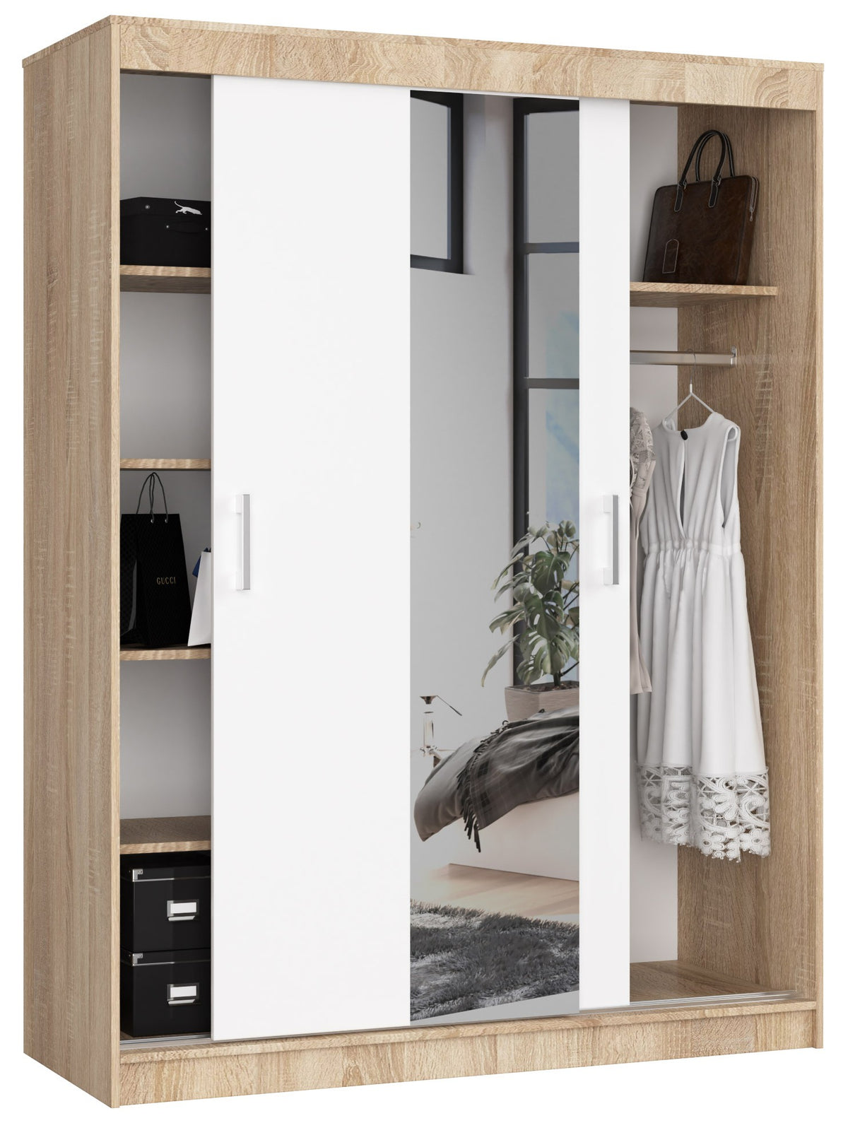 Armadio Scorrevole Sera 150 cm Specchio – Sonoma/Bianco