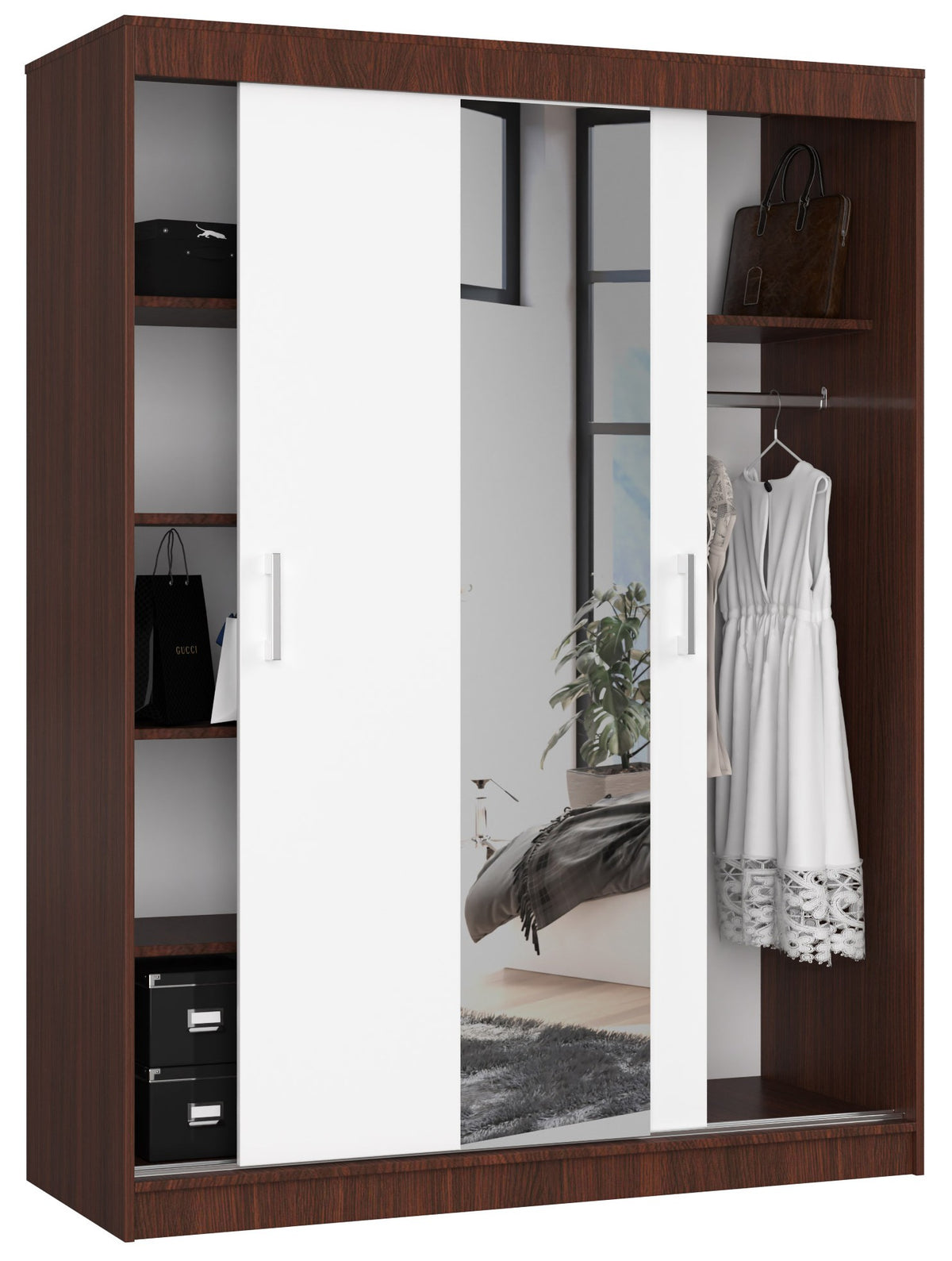 Armadio Scorrevole Nobile 150 cm con Specchio – Wengé/Bianco