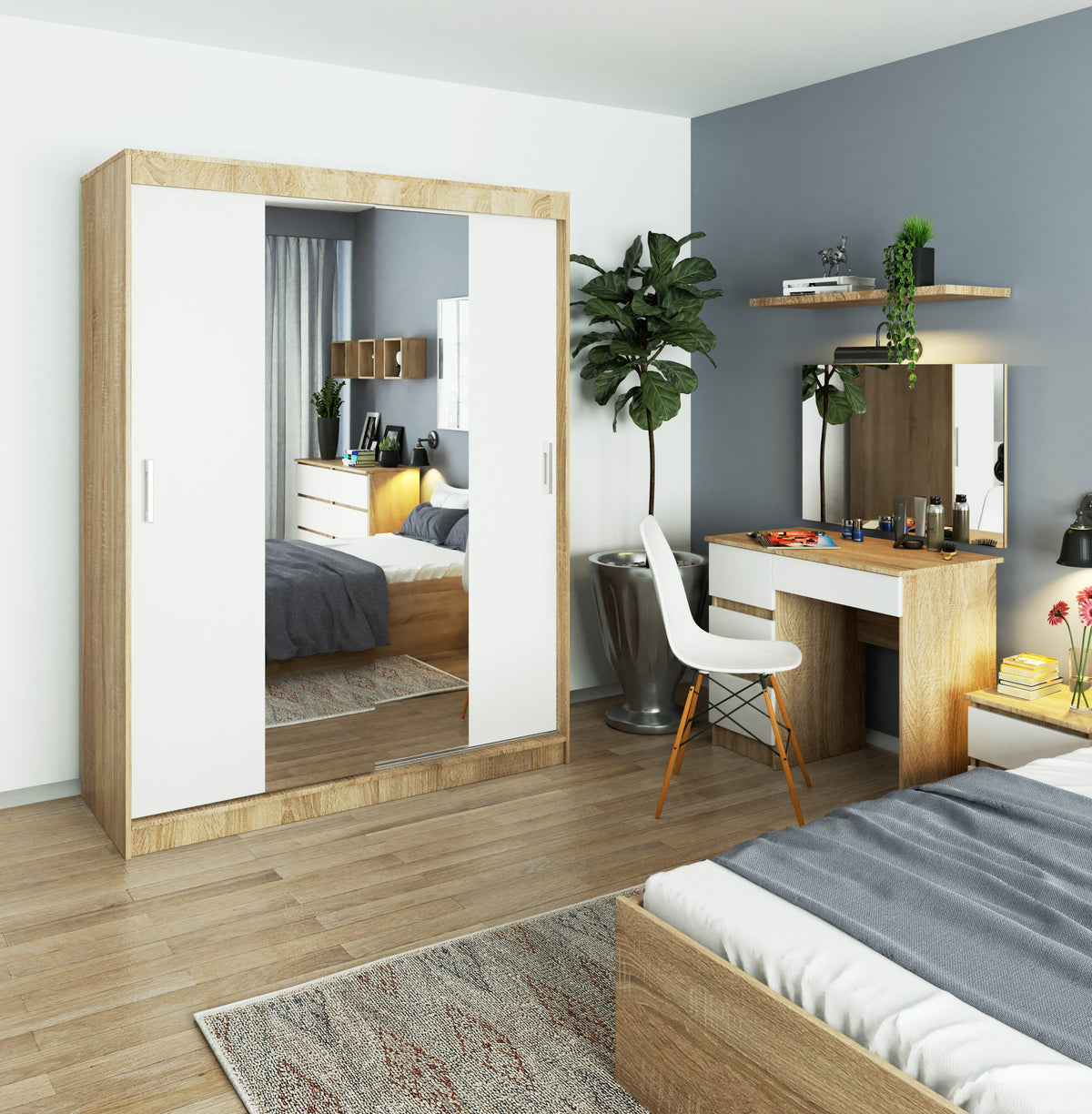 Armadio Scorrevole Sera 150 cm Specchio – Sonoma/Bianco