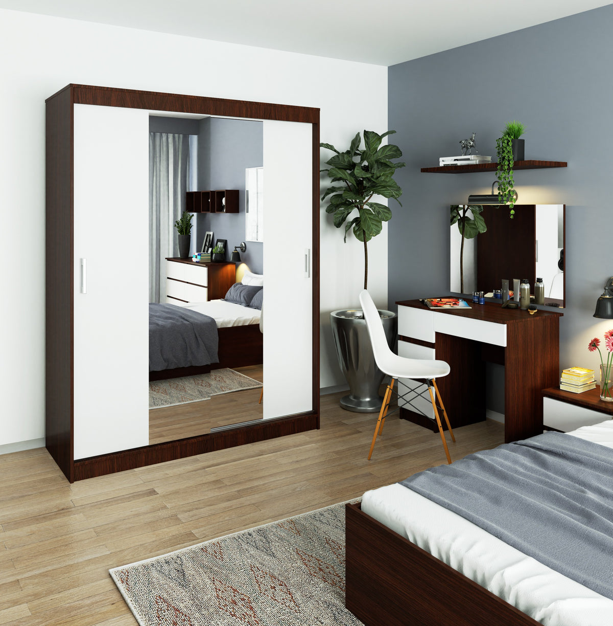 Armadio Scorrevole Nobile 150 cm con Specchio – Wengé/Bianco