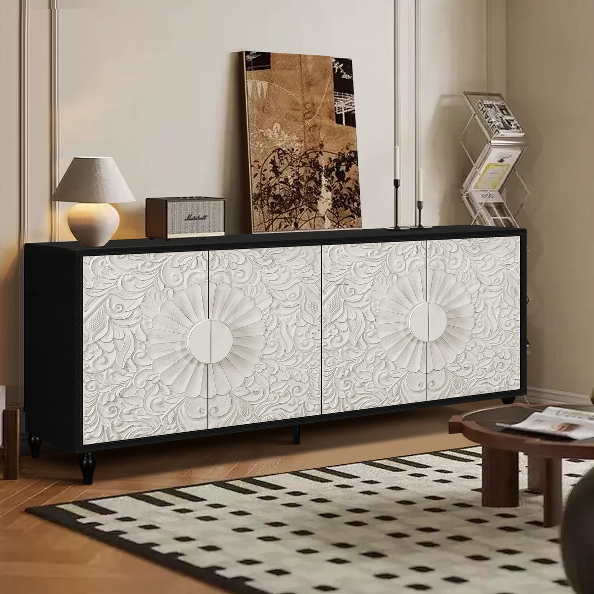 Mobile TV Vintage Bianco Porte Intagliate
