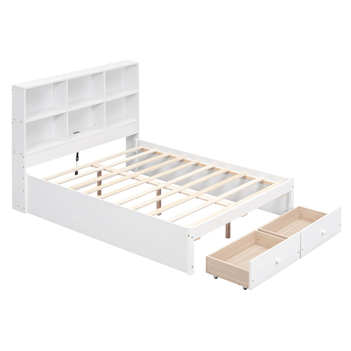 Letto Piattaforma Full con Testata, Ricarica e Cassetti — Bianco