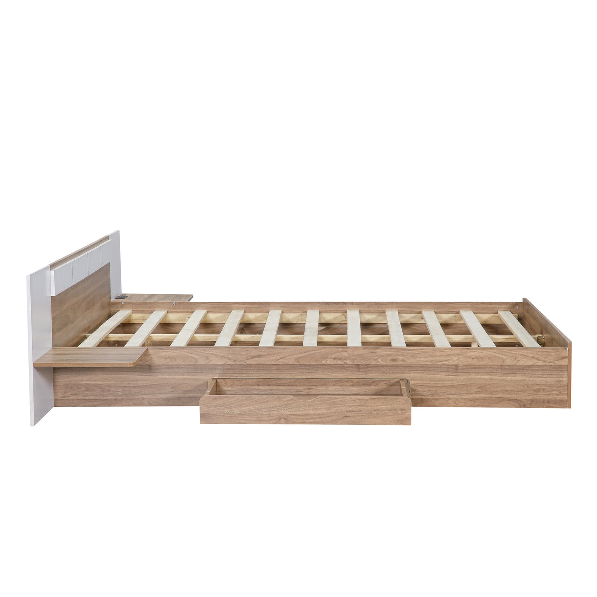 Letto Matrimoniale in Legno con Cassetti, Ripiani, Porte USB e Prese - Naturale