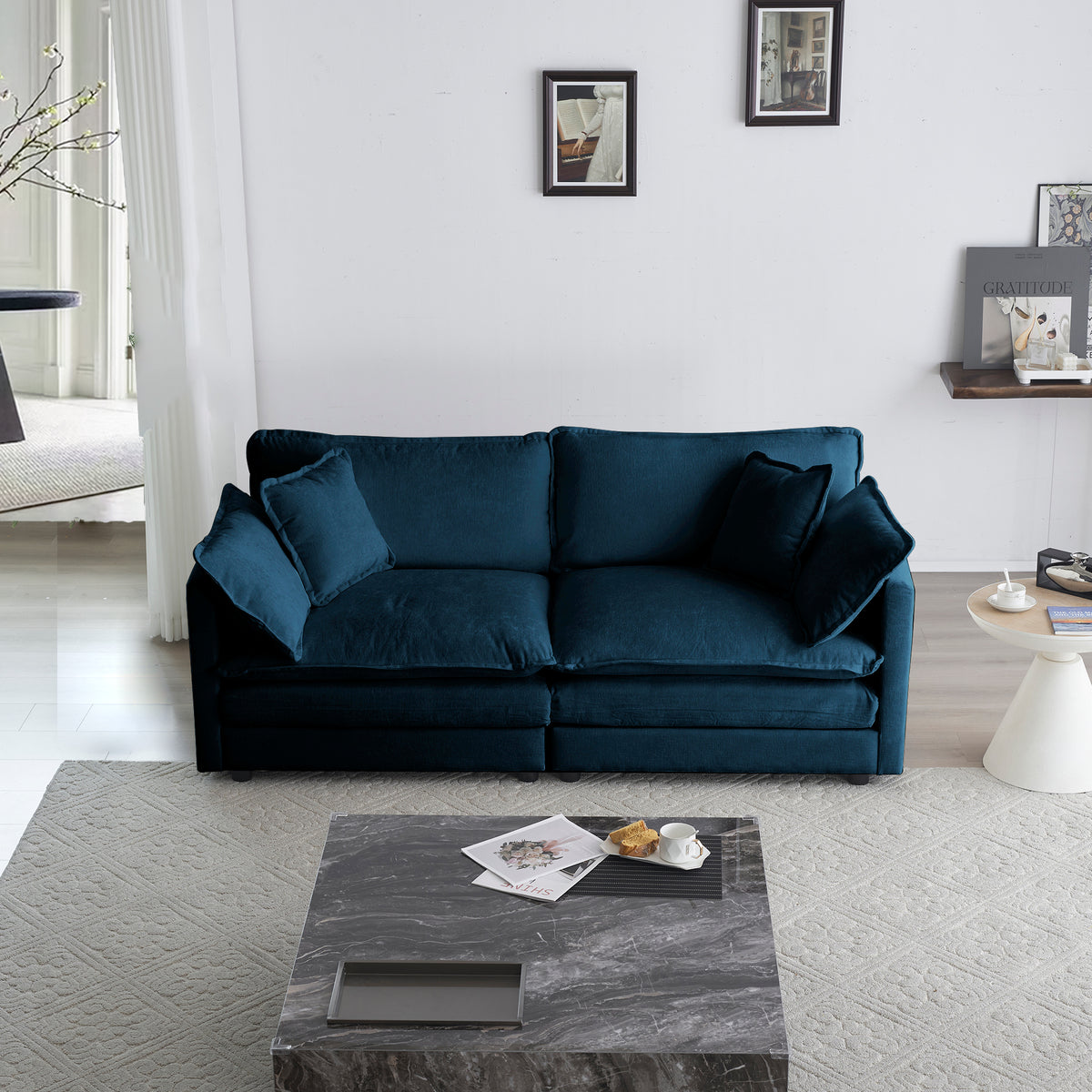 Divano 2 Posti Chenille Blu con 4 Cuscini