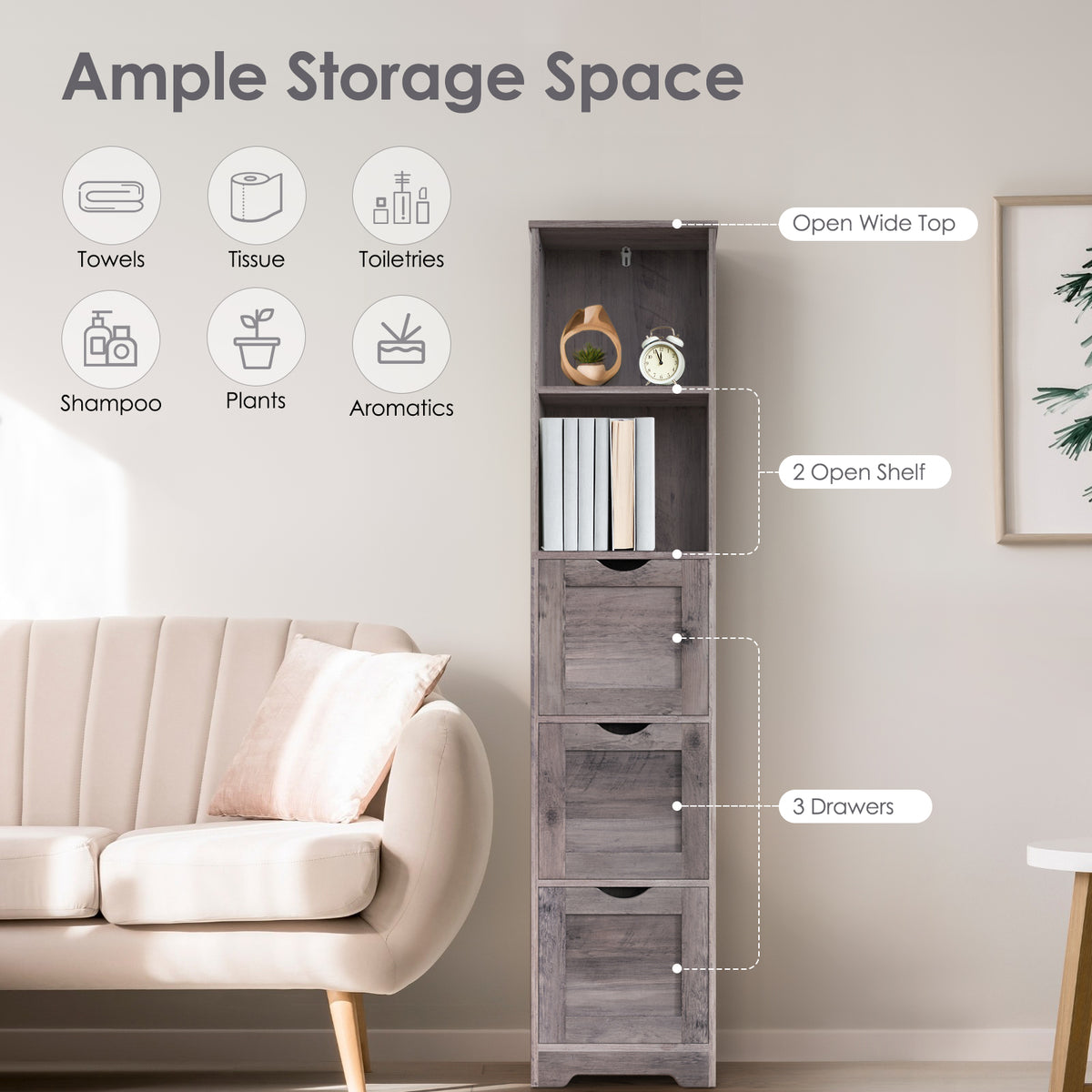 Mobile Bagno Alto 3 Cassetti 2 Mensole Grigio