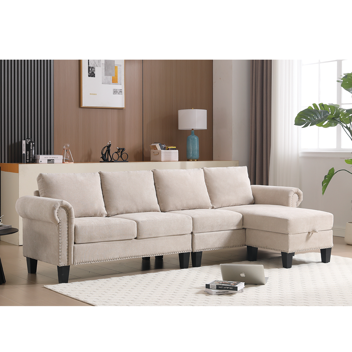 Divano Angolare Lino Beige 4 Posti