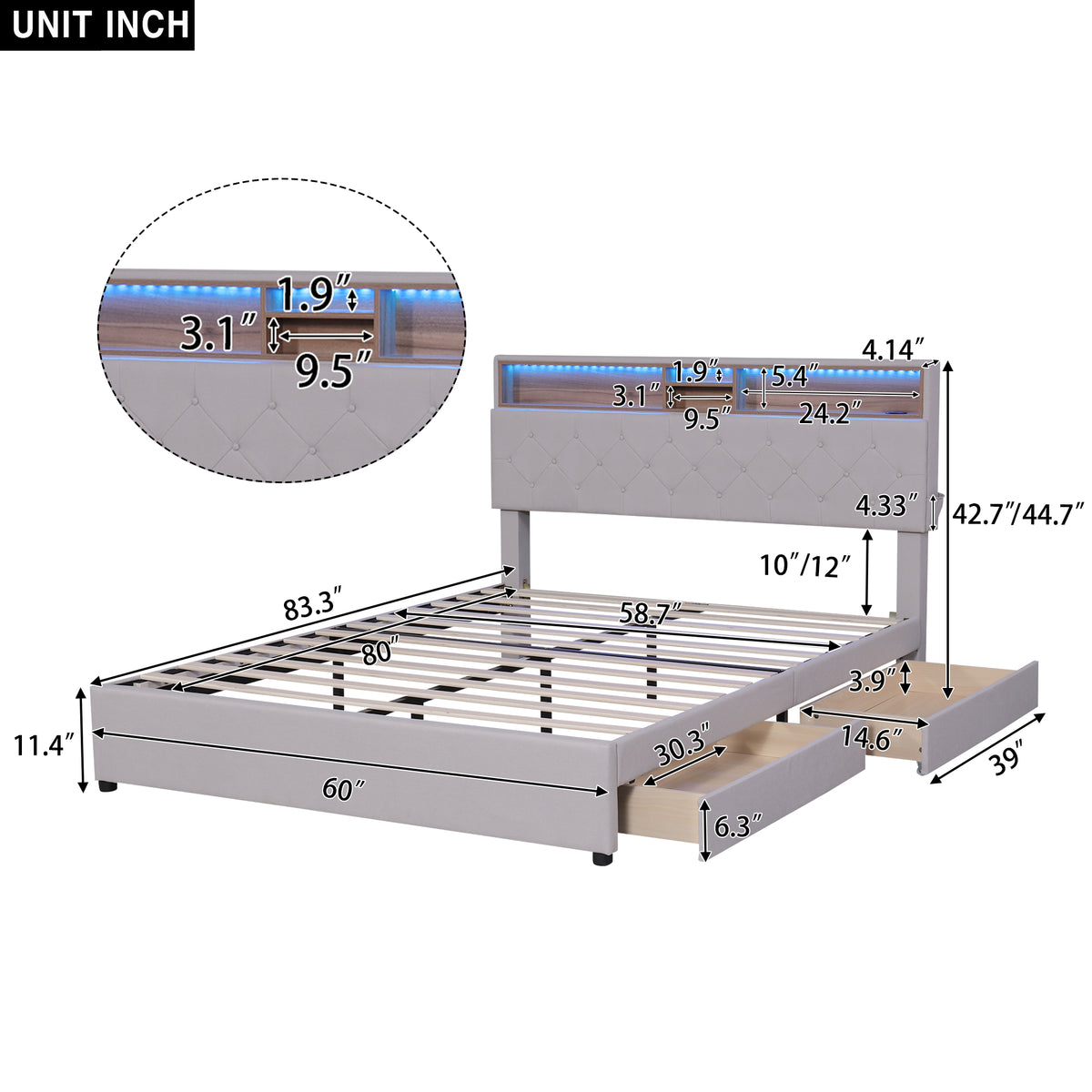 Letto Queen con LED e Ricarica USB Beige