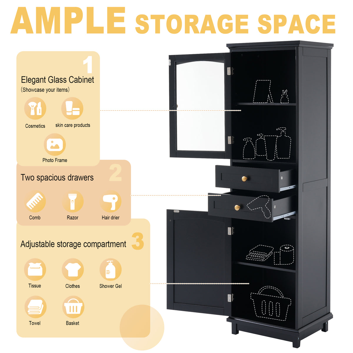 Mobile Bagno Alto Nero con Ante Vetro