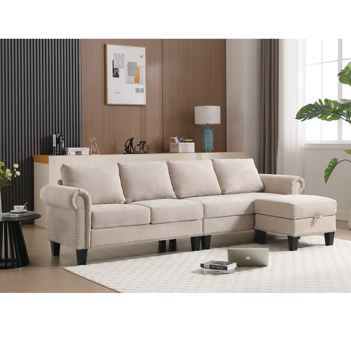 Divano Angolare Lino Beige 4 Posti