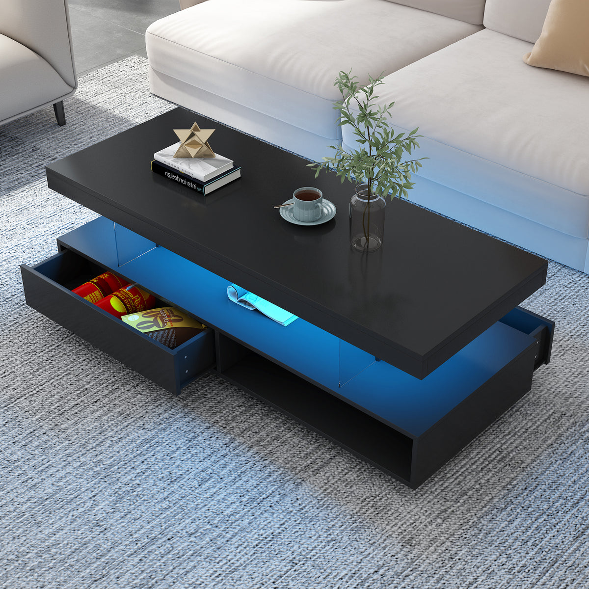 Tavolino Caffè LED Nero 2 Cassetti