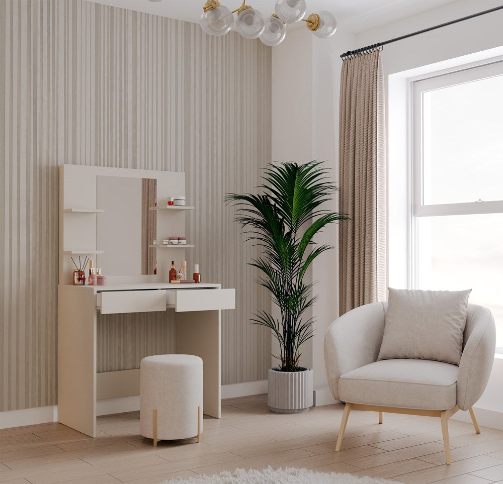 Toeletta Sera 81 cm con Specchio e 4 Ripiani – Beige