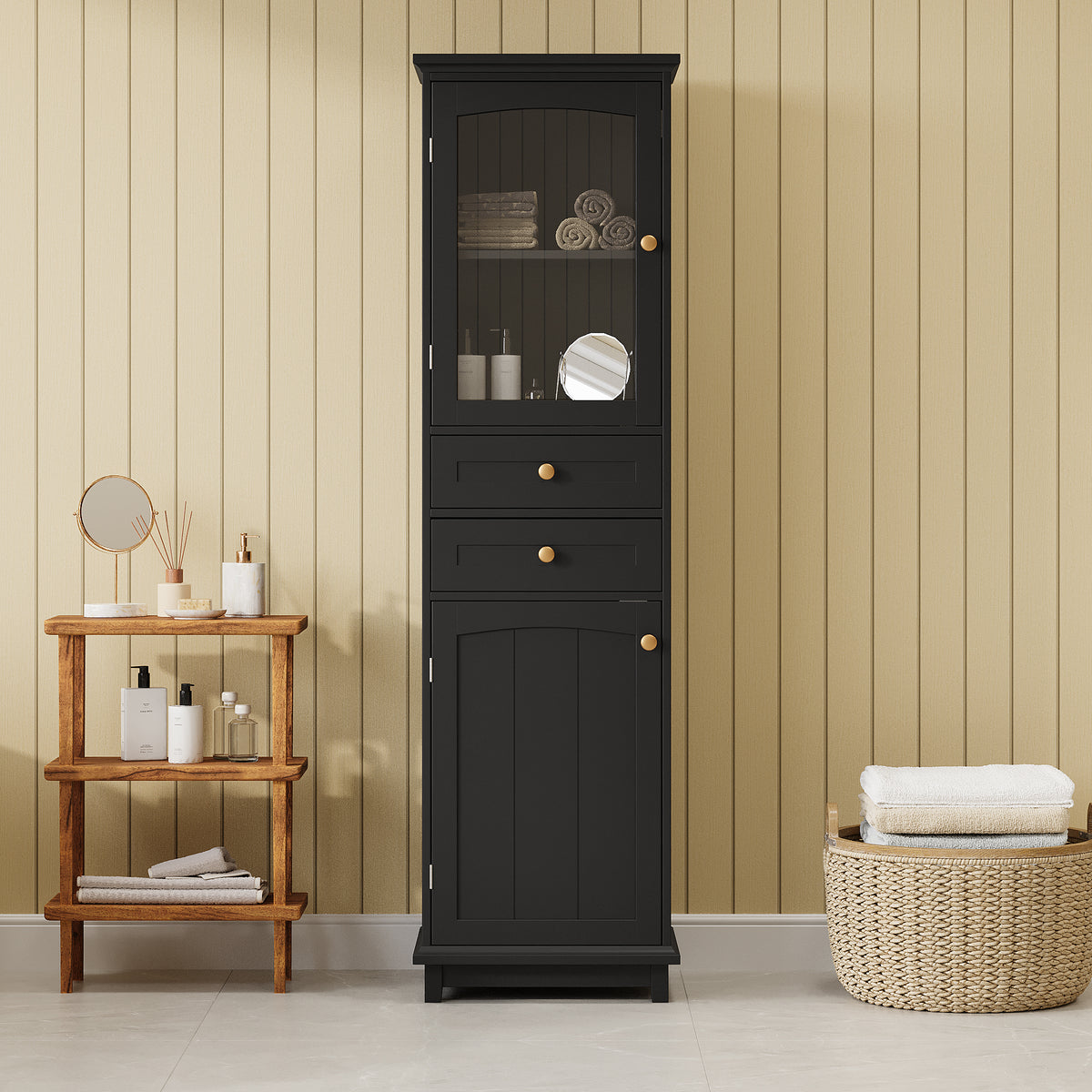 Mobile Bagno Alto Nero con Ante Vetro