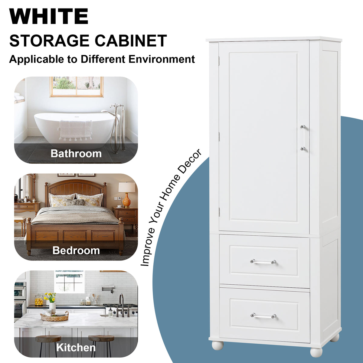 Armadietto Bagno Alto con Cassetti e Ripiano Regolabile