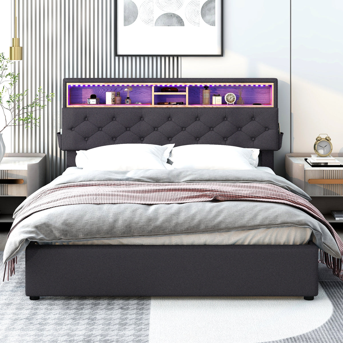 Letto Queen con LED e Ricarica USB Grigio Scuro