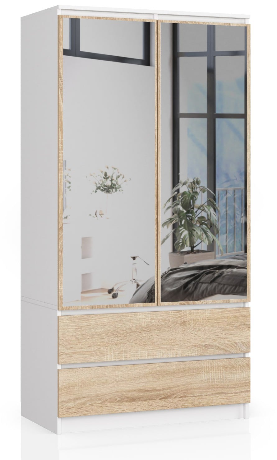Armadio S 90 cm 2 Ante Specchio 2 Cassetti — Bianco/Sonoma