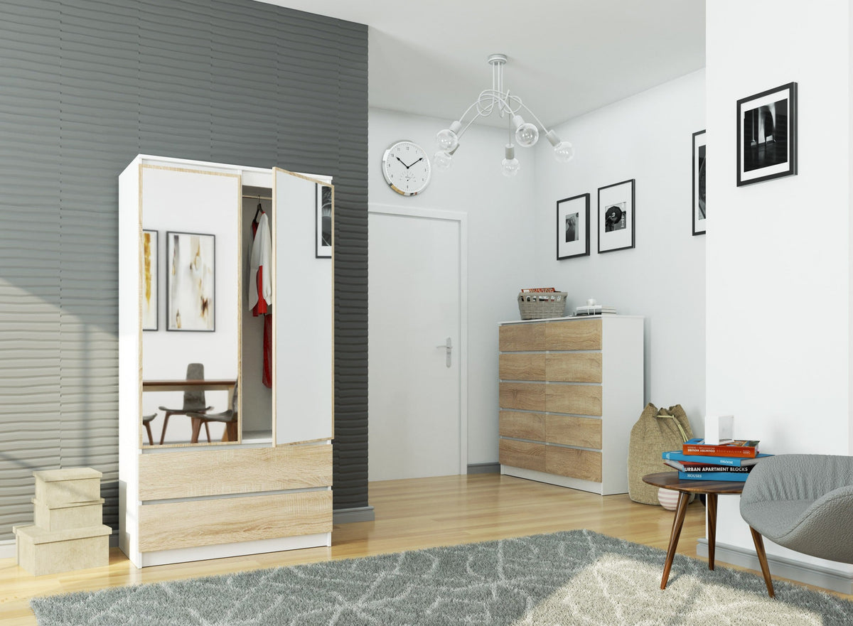 Armadio S 90 cm 2 Ante Specchio 2 Cassetti — Bianco/Sonoma