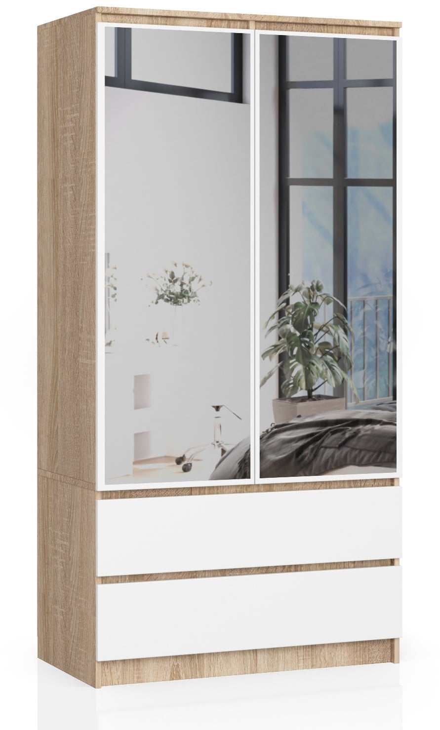 Armadio S 90 cm 2 Ante Specchio 2 Cassetti — Sonoma/Bianco