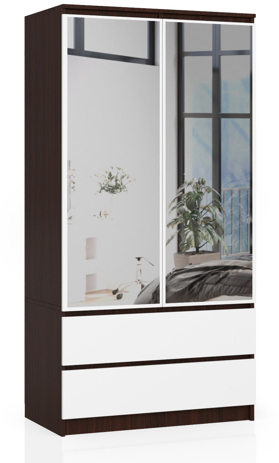 Armadio Nobile 90 cm 2 Ante 2 Cassetti con Specchi – Wenge/Bianco