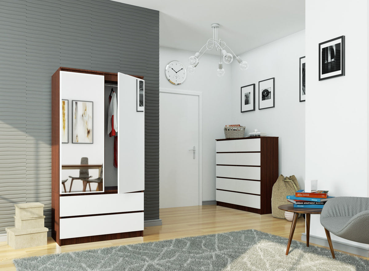 Armadio Nobile 90 cm 2 Ante 2 Cassetti con Specchi – Wenge/Bianco