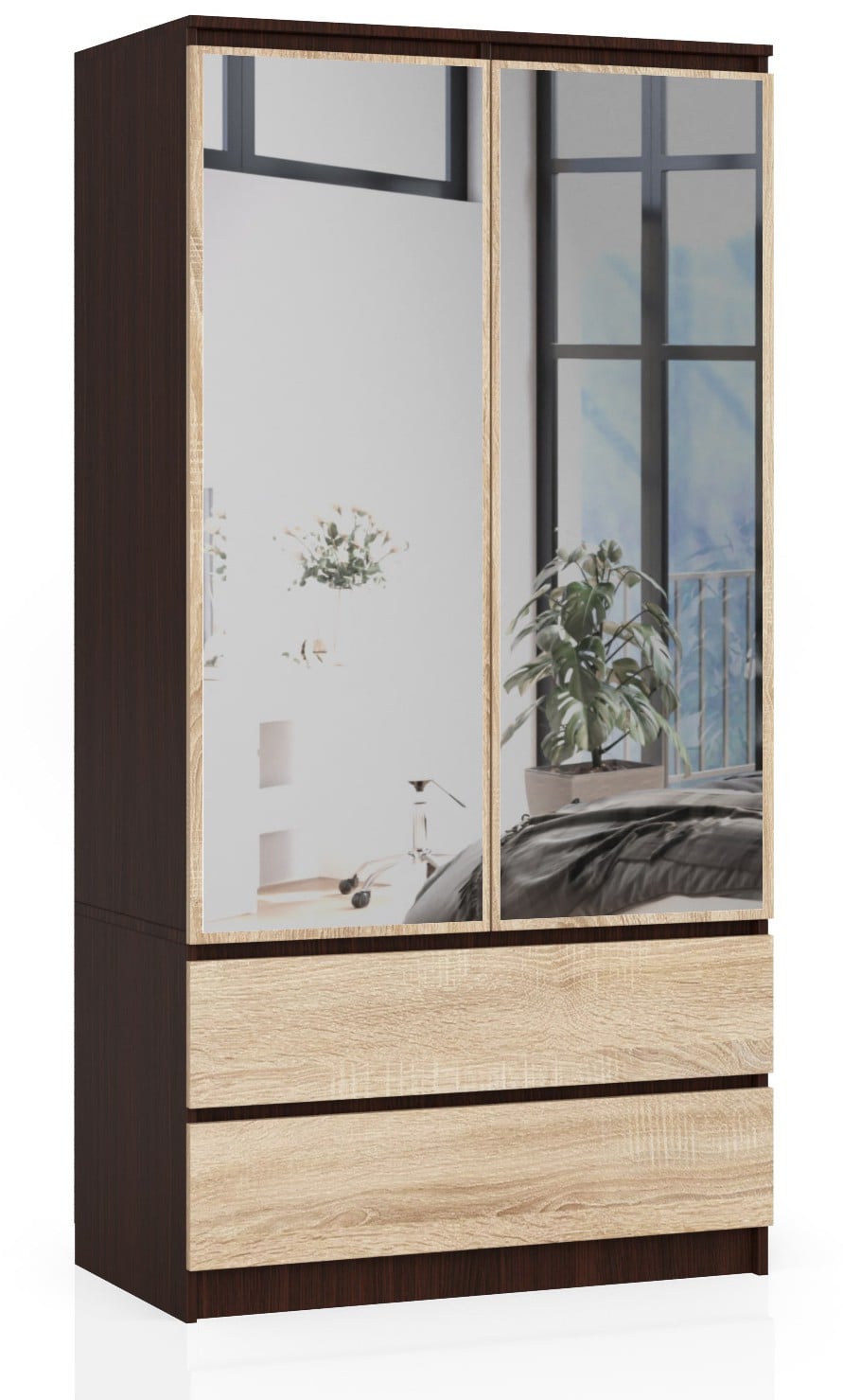 Armadio Linea 90 cm 2 Ante Specchio 2 Cassetti — Wengè/Sonoma