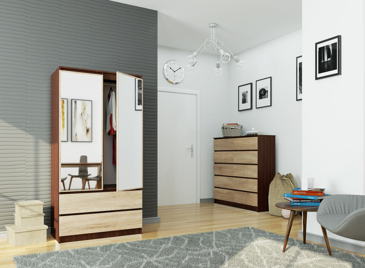 Armadio Linea 90 cm 2 Ante Specchio 2 Cassetti — Wengè/Sonoma