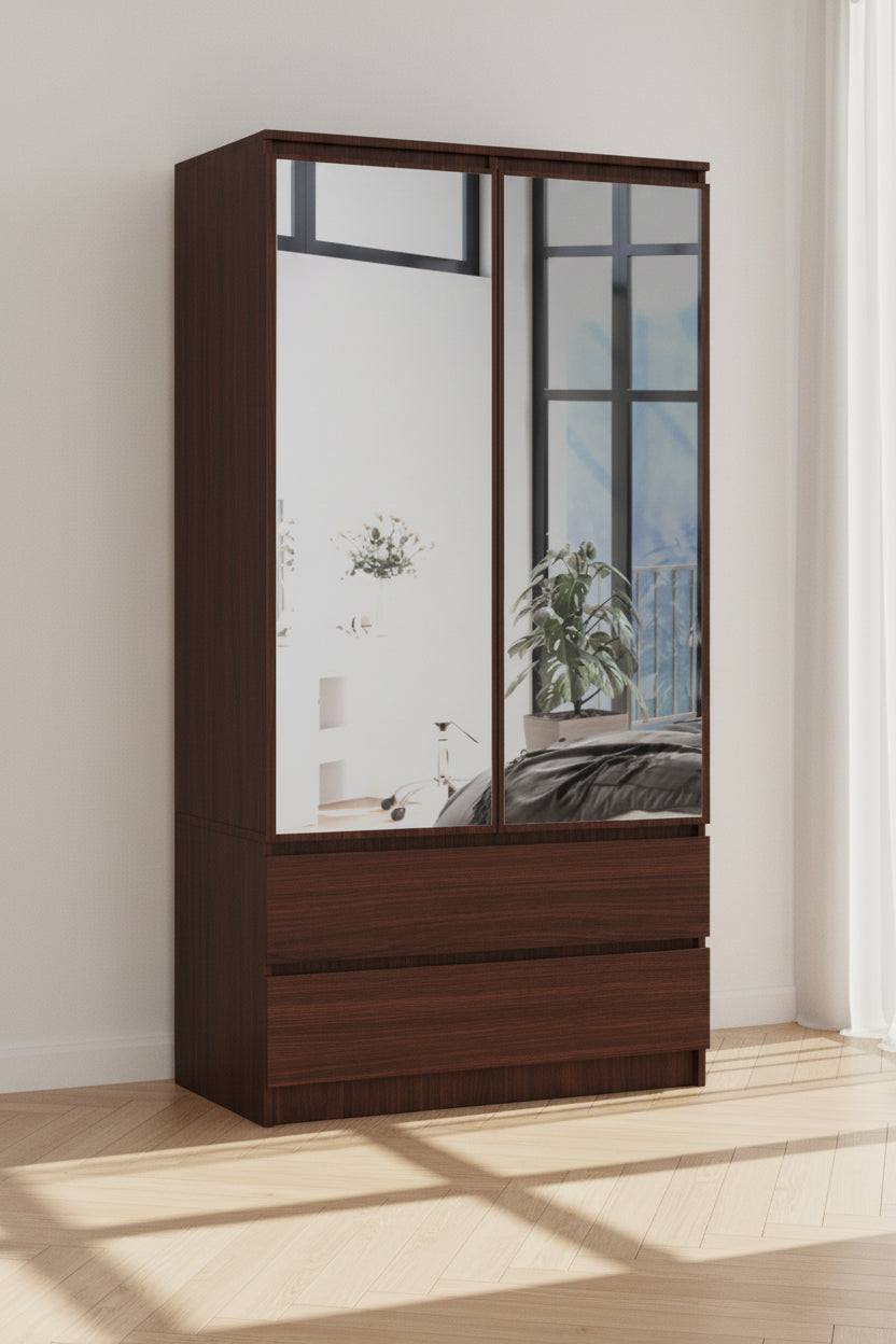 Armadio S 90 cm 2 Ante Specchio 2 Cassetti — Wenge