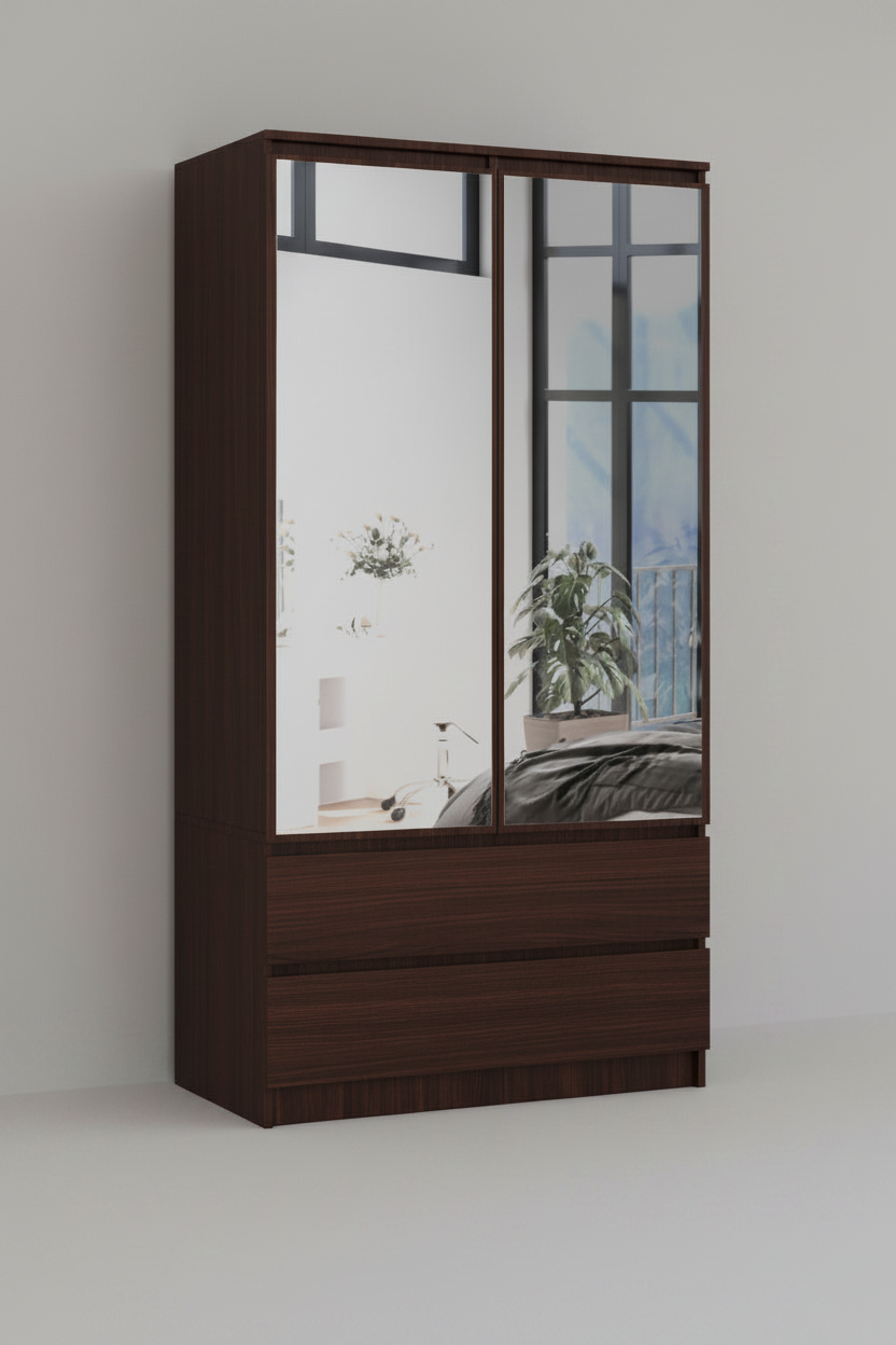 Armadio S 90 cm 2 Ante Specchio 2 Cassetti — Wenge