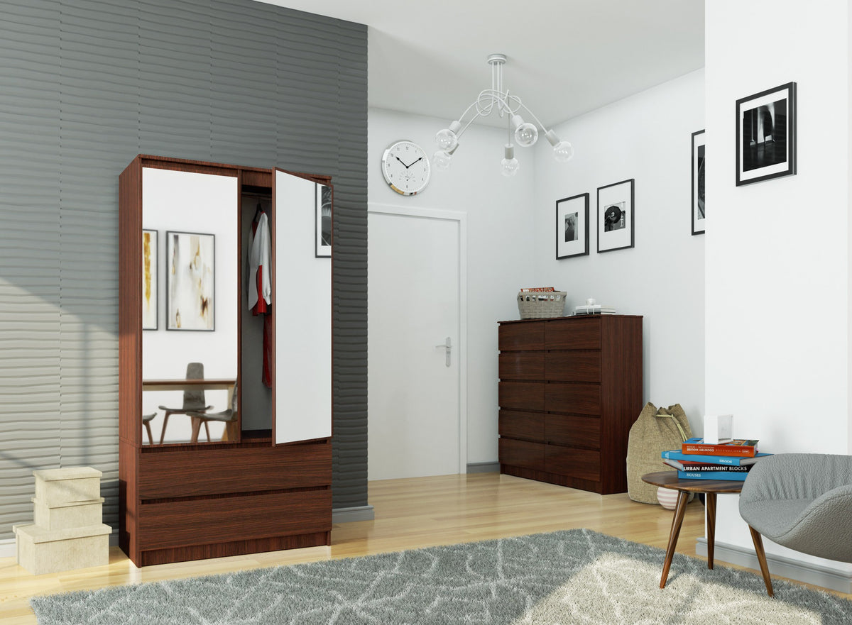 Armadio S 90 cm 2 Ante Specchio 2 Cassetti — Wenge
