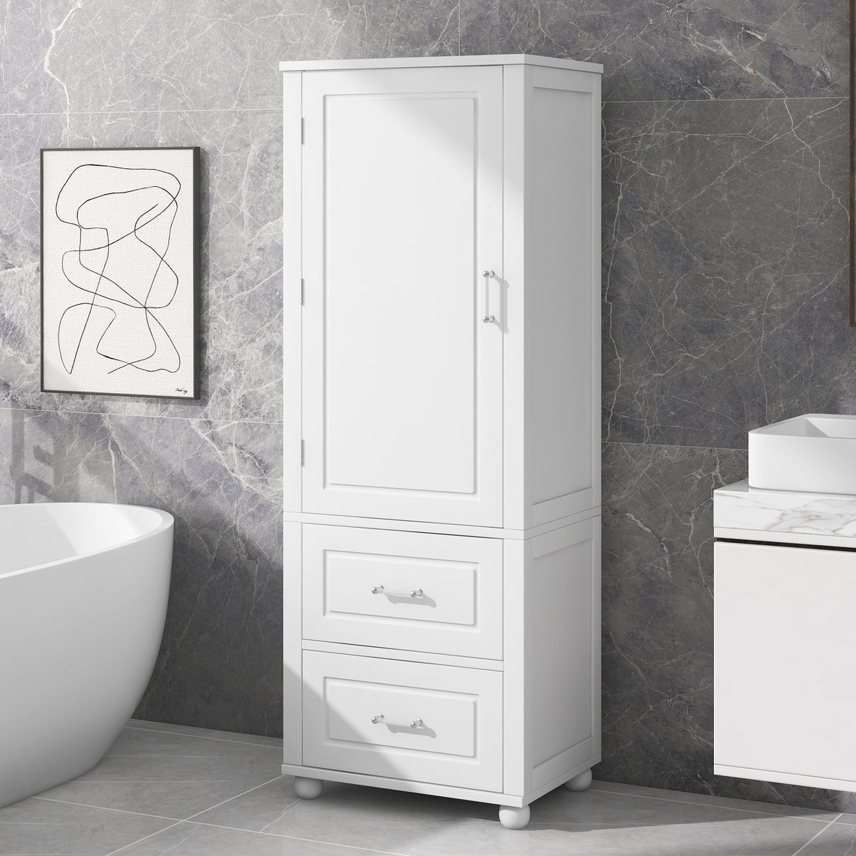 Armadietto Bagno Alto con Cassetti e Ripiano Regolabile