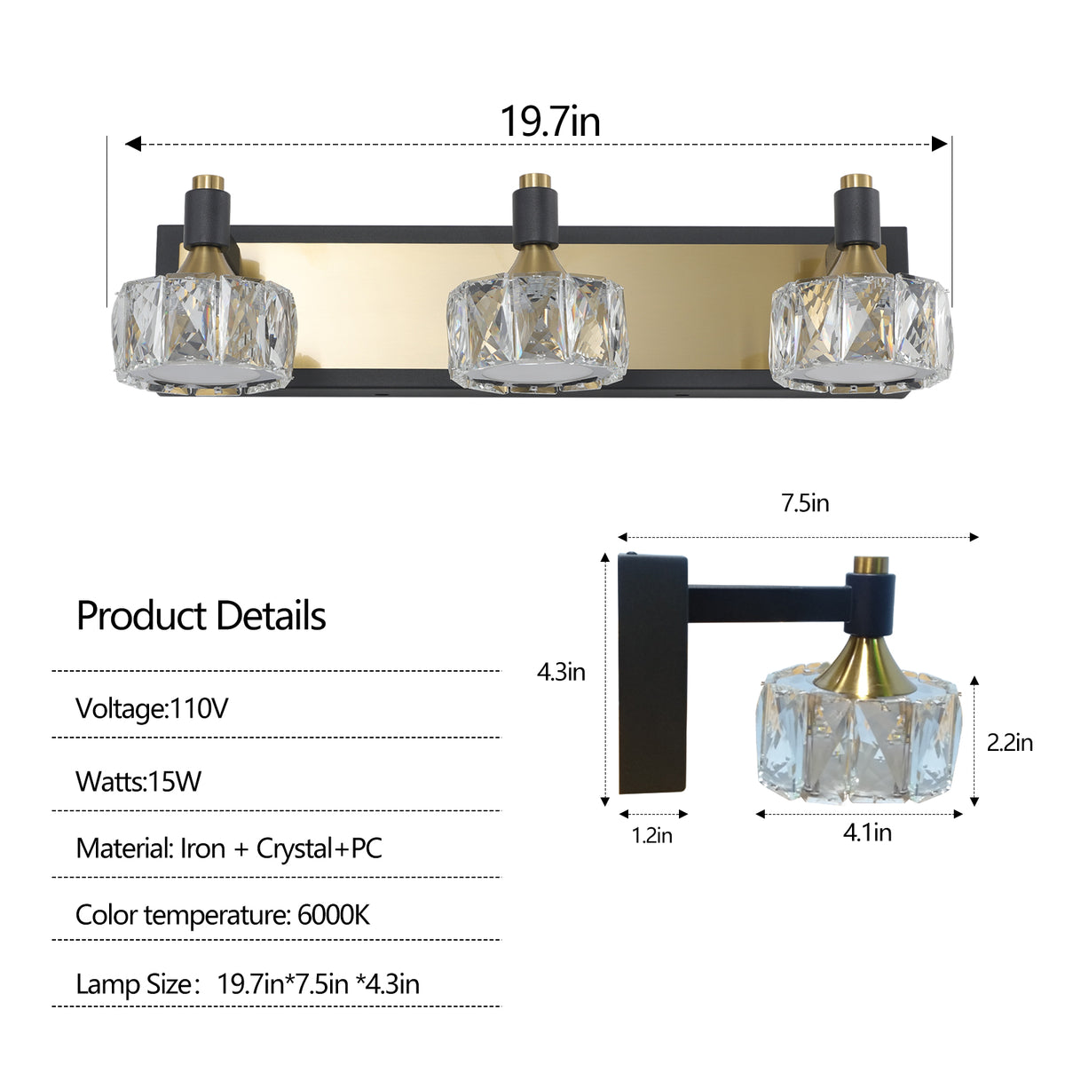 Lampada Bagno LED 3 Luci Cristallo