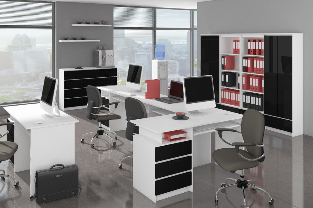 Scrivania 135 cm 3 Cassetti con Ripiano Tastiera – Bianco/Nero Lucido