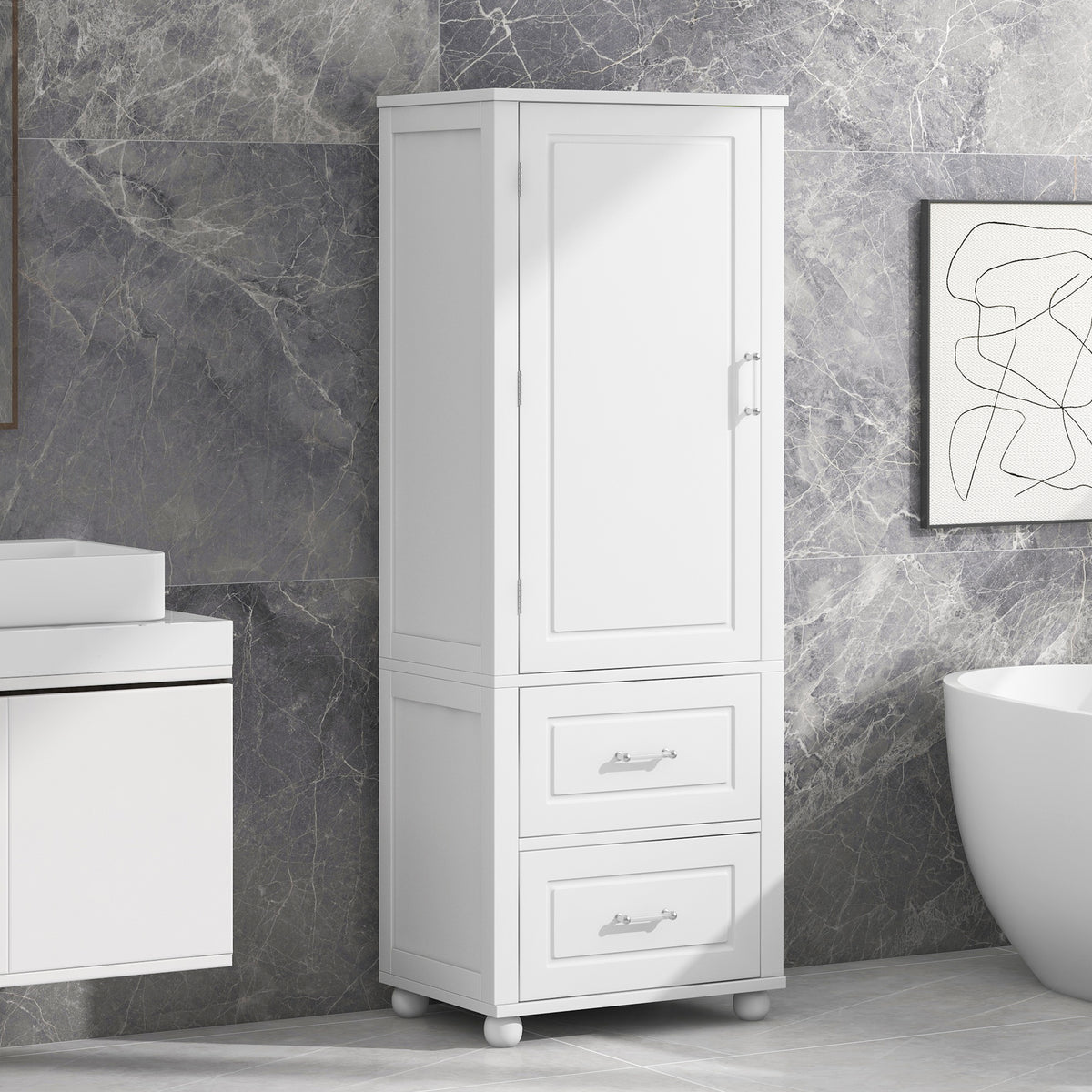 Armadietto Bagno Alto con Cassetti e Ripiano Regolabile