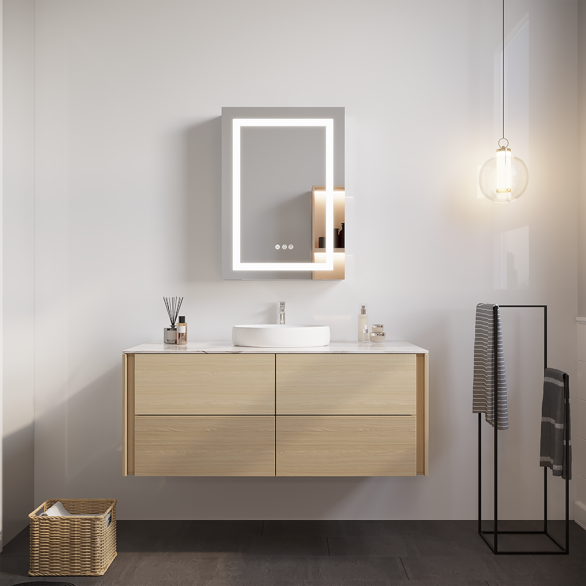 Armadietto Bagno LED 66x51cm Porta Sinistra