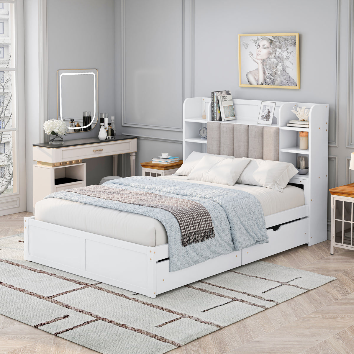 Letto Full Size Bianco con 4 Cassetti
