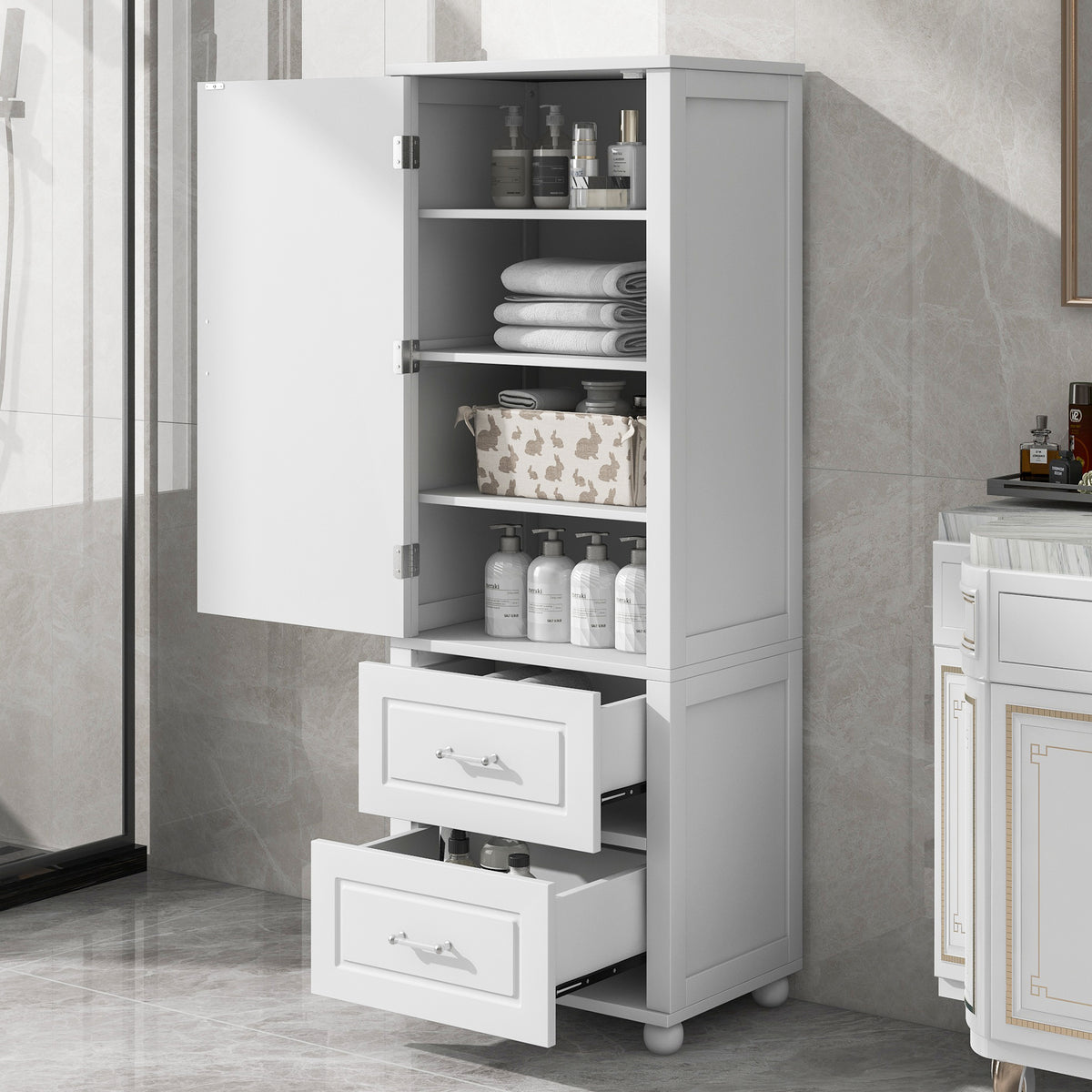Armadietto Bagno Alto con Cassetti e Ripiano Regolabile