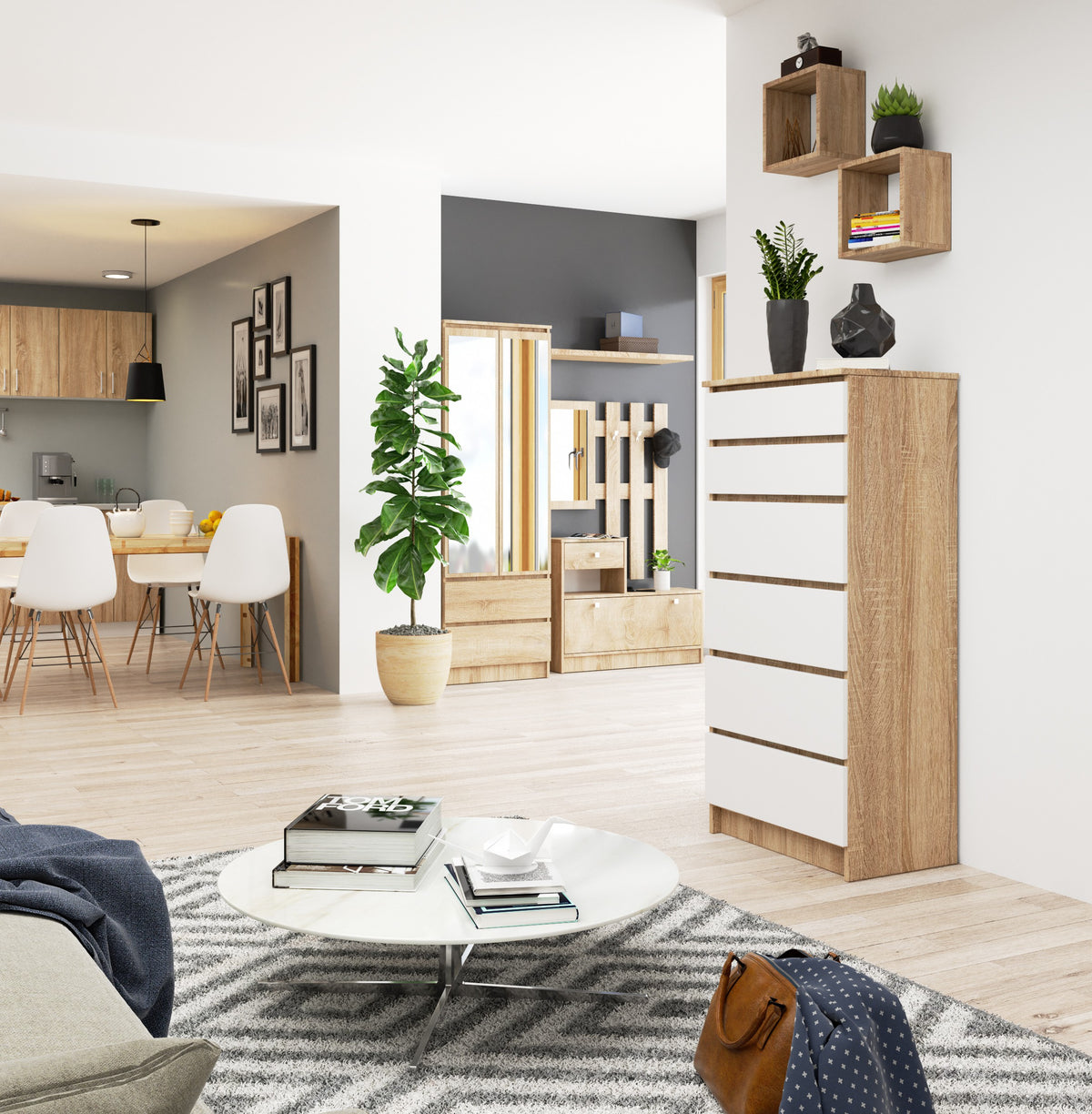 Cassettiera 60 cm 6 Cassetti – Rovere Sonoma/Bianco