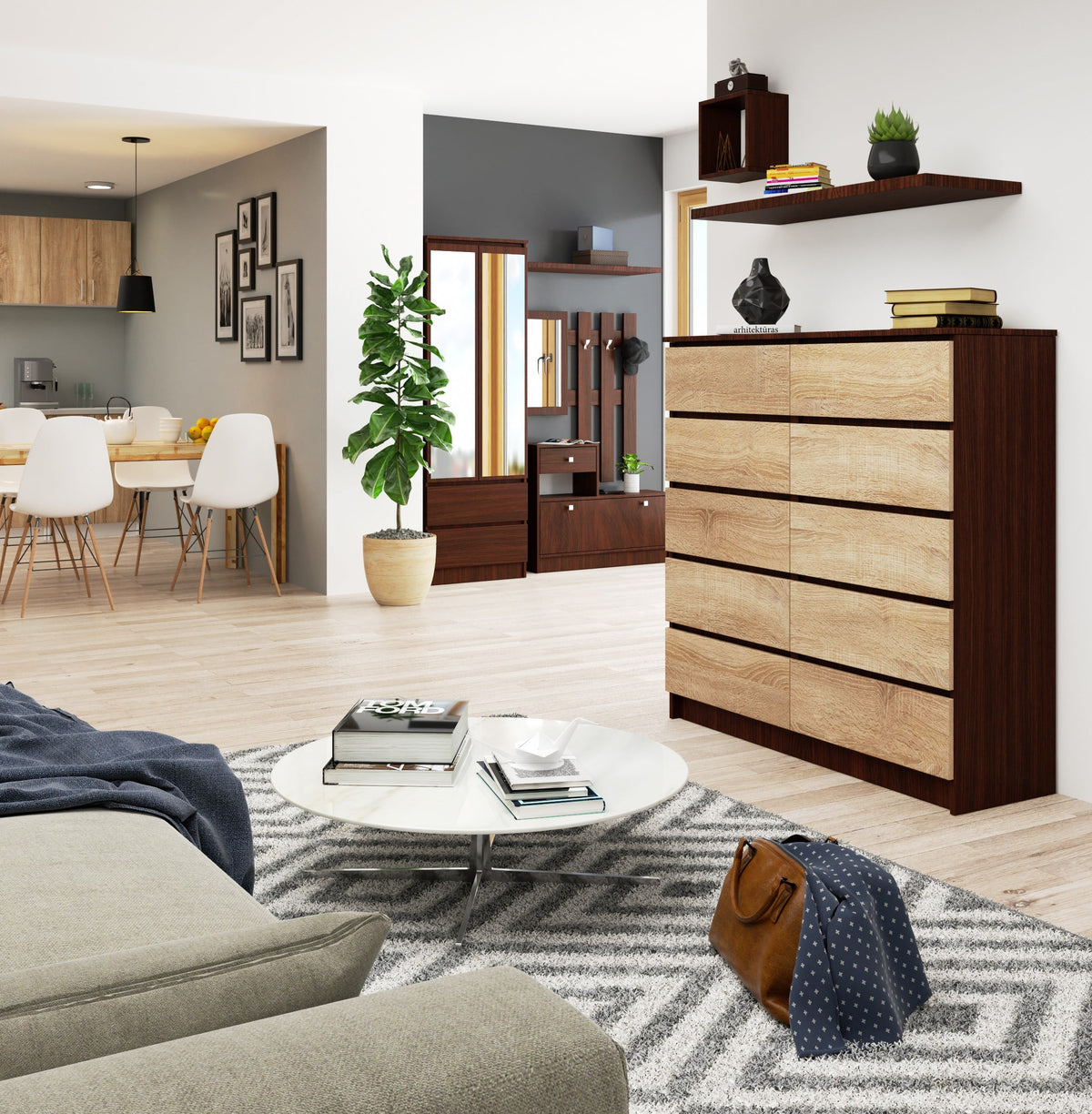 Credenza Linea 120 cm 10 Cassetti – Wenge/Sonoma