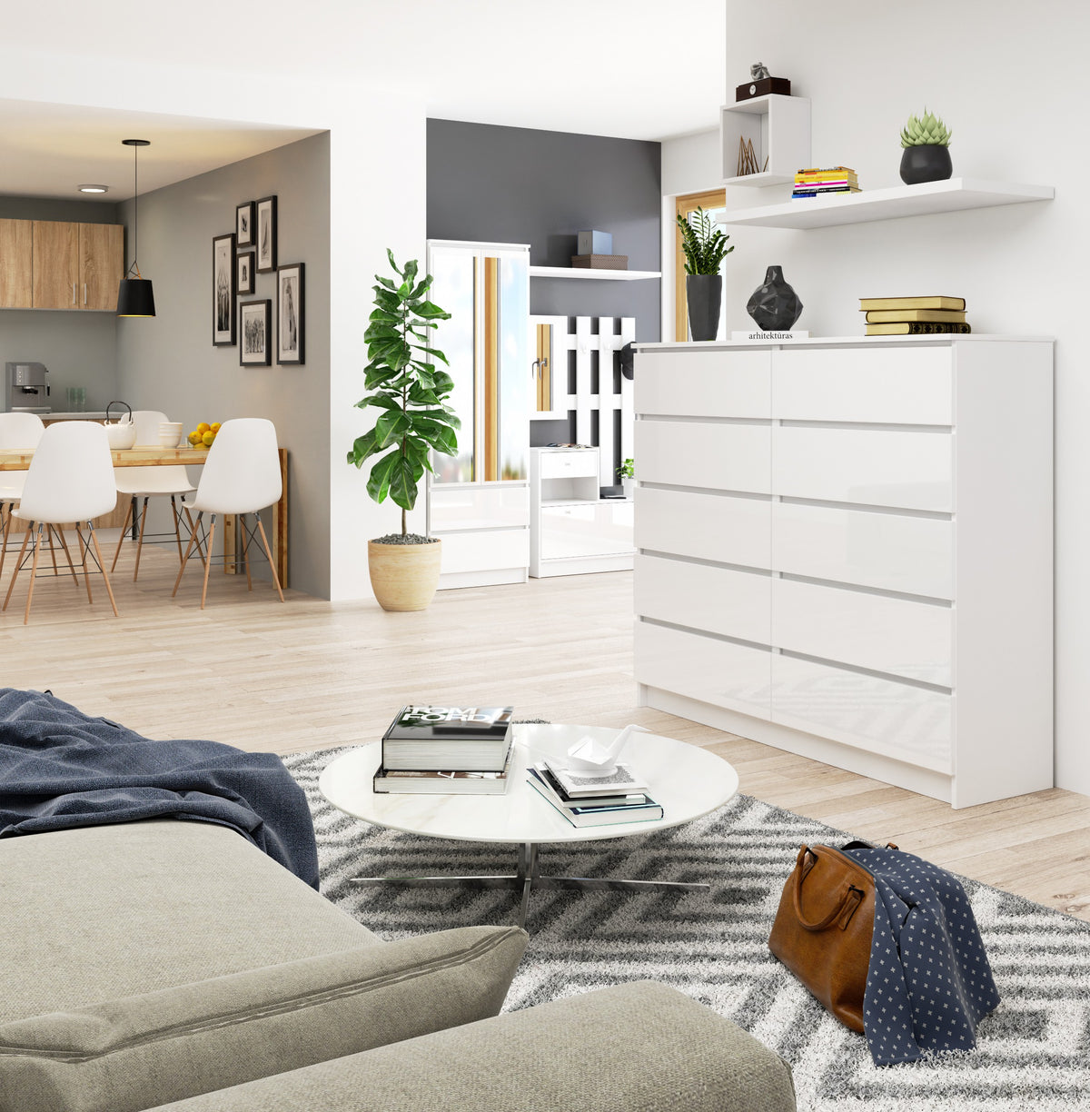 Cassettiera Luce 138 cm 10 Cassetti – Bianco Lucido